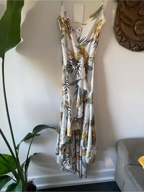 Hot Miami Styles White Floral High-Low Wrap Dress with Yellow Accents
